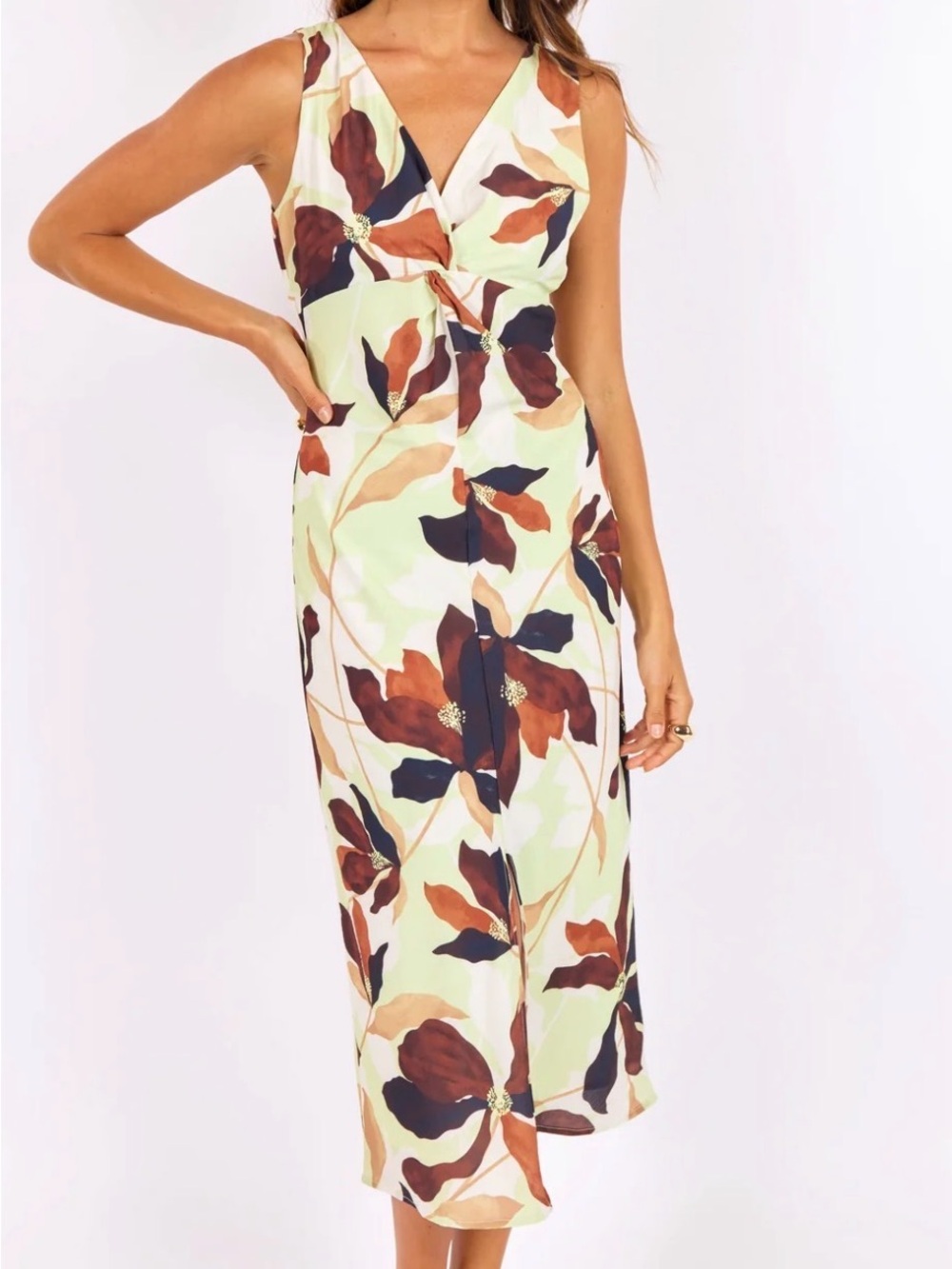 Sage Day In The City Midi Floral Twist-Front Midi Dress Brown Sage Size Small